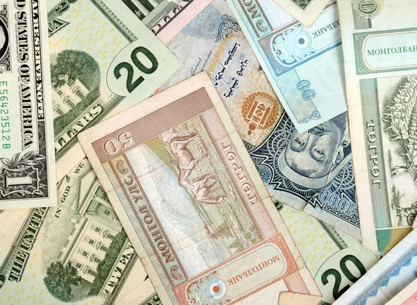 Hintergrund: zufällig gemischte Banknoten aus verschiedenen Ländern — Stockfoto