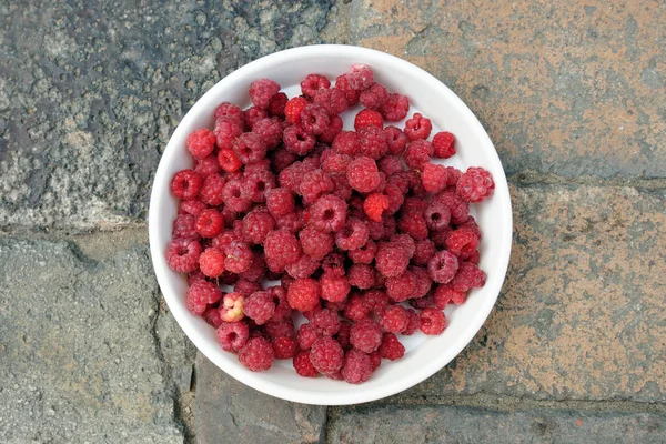 Raspberry Dalam Tampilan Puncak Piring Putih — Stok Foto