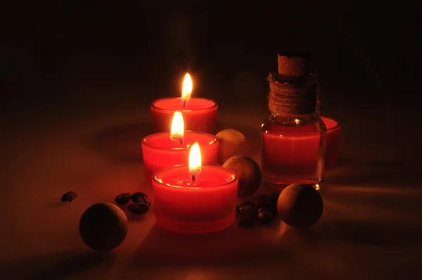 Spa Composition Scented Candles Coffee Beans Aromatic Wooden Balls Oil — Stock Photo, Image