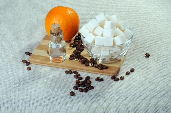 Koffiebonen Fles Kaars Sinaasappel Suiker — Stockfoto
