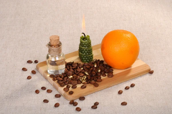 Koffiebonen Fles Kaars Sinaasappel — Stockfoto