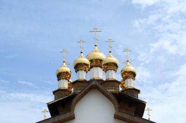 Yaz güneşli gün Holy Trinity. Altın Kubbe mavi gökyüzüne karşı Rus Ortodoks Kilisesi'nin.