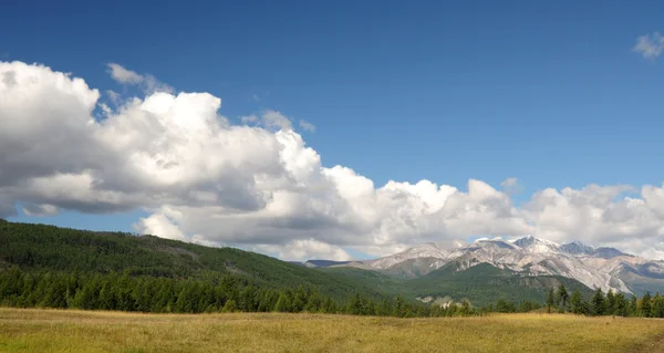 Ciel bleu et cumulus au-dessus des montagnes Sayan orientales et du mont MunKu-Sardyk. Photo partiellement teintée . — Photo