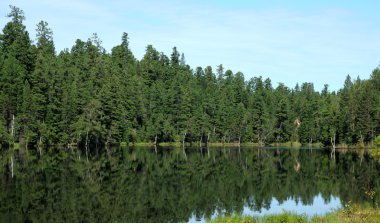 Bir orman göl temiz su gök, dağ, orman ve bulutlar yansıtır. Kısmen renkli fotoğraf.