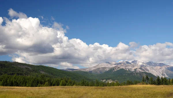 Mavi gökyüzü ve kümülüs bulutlar üzerinde Doğu Sayan Dağları ve Mount Munku-Sardyk. Kısmen renkli fotoğraf. — Stok fotoğraf