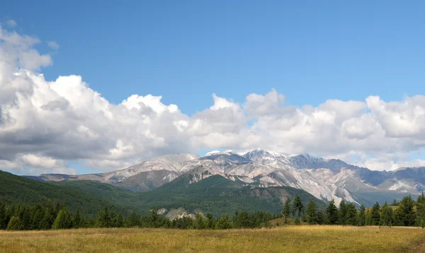 Ciel bleu et cumulus au-dessus des montagnes Sayan orientales et du mont MunKu-Sardyk. Photo partiellement teintée . — Photo