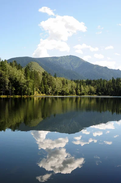 En el agua clara de un lago forestal refleja el cielo, la montaña, el bosque y las nubes. Foto parcialmente teñida . — Foto de Stock