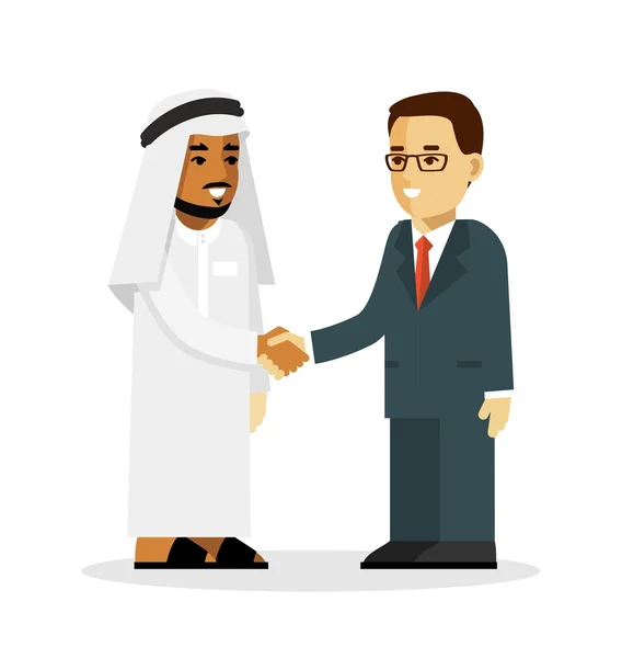 Business deal concepto de apretón de manos con árabe saudí y personajes de hombre de negocios europeos en estilo plano aislado sobre fondo blanco — Vector de stock