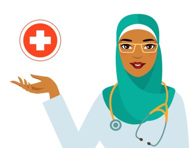 Tıp kavramı - beyaz arka plan üzerinde izole Müslüman Arap kadın doktor