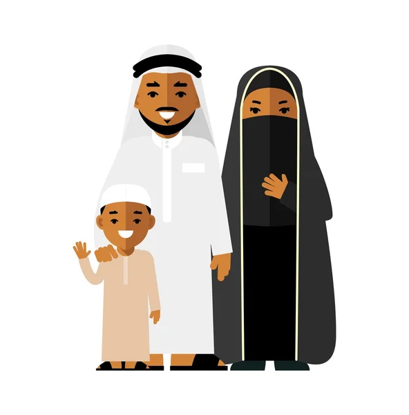 Concepto social - familia árabe saudí feliz aislada sobre fondo blanco en estilo plano — Vector de stock