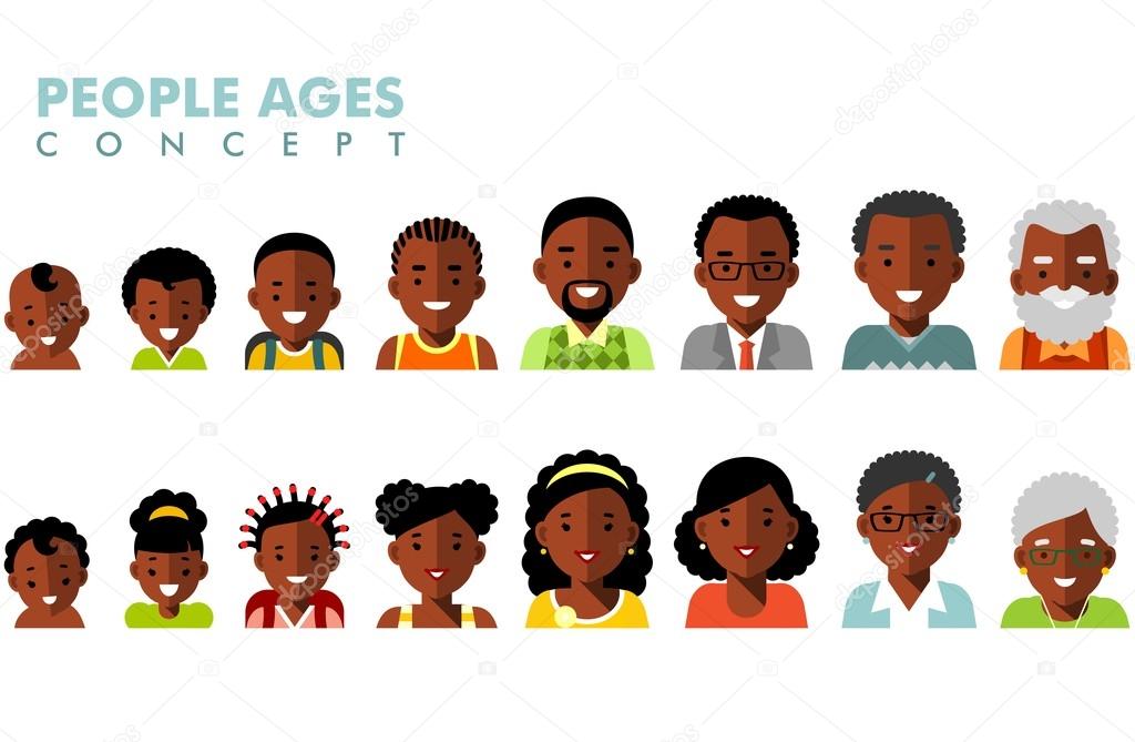 African american ethnic people generations avatars at different ages