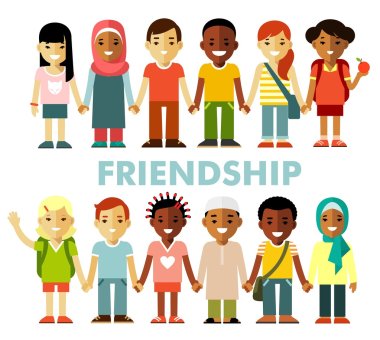 Friendship concept with different multicultural happy children in flat style