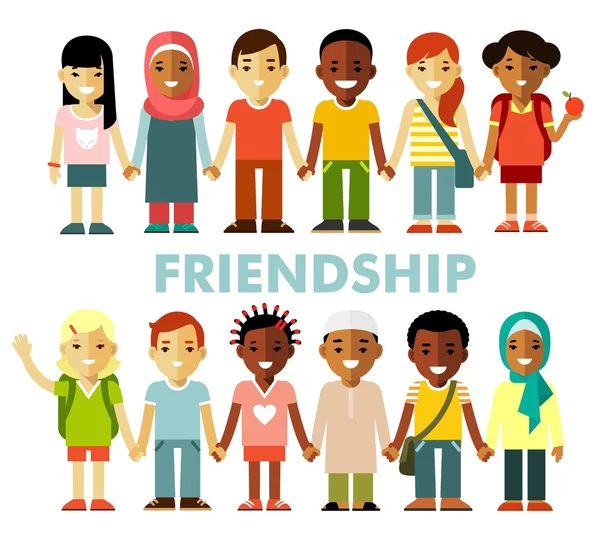 Friendship concept with different multicultural happy children in flat style — Stock Vector