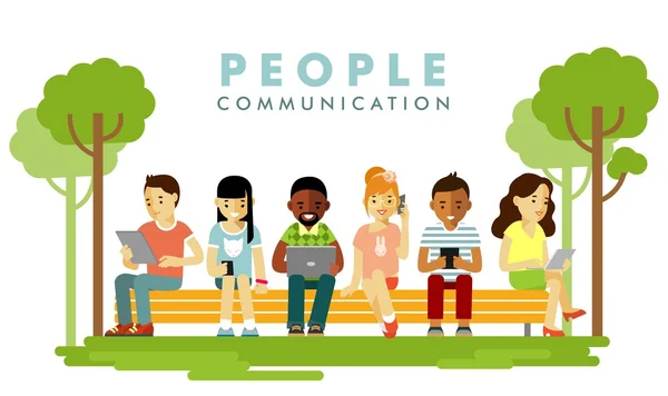 La sociedad moderna. Concepto de comunicación de personas en estilo plano — Vector de stock