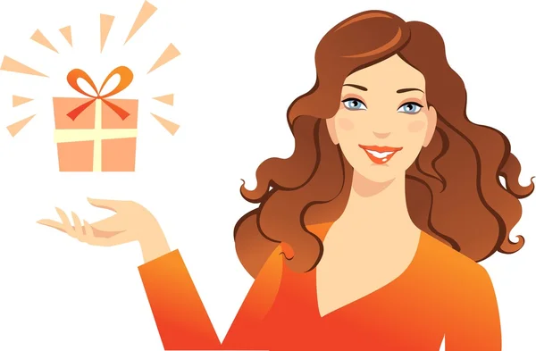 Concepto de vacaciones - Mujer sonriente con regalo en la mano — Vector de stock