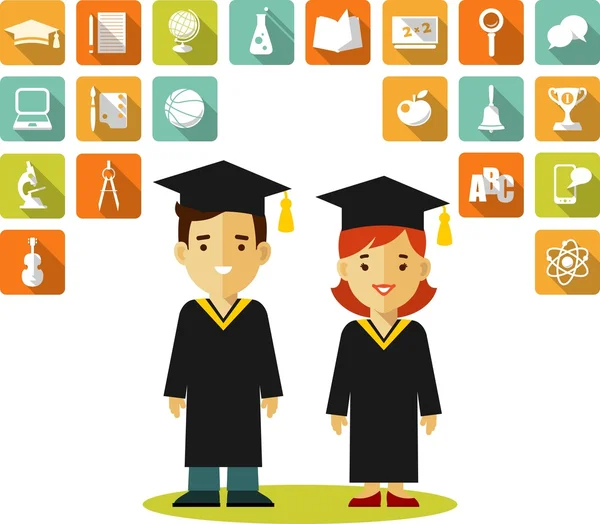 Concepto de graduados con personas e iconos de la educación — Vector de stock