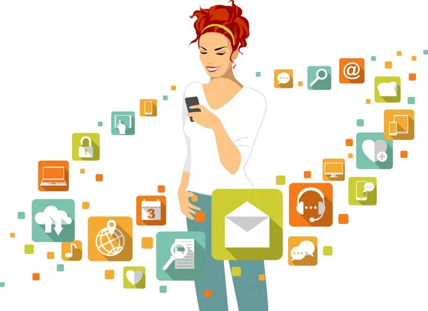 Концепция мобильного приложения - женщина со смартфоном и социальными, медиа, веб-иконками — стоковый вектор