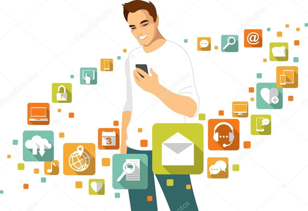 Mobile application concept - man with smartphone and social, media, web icons