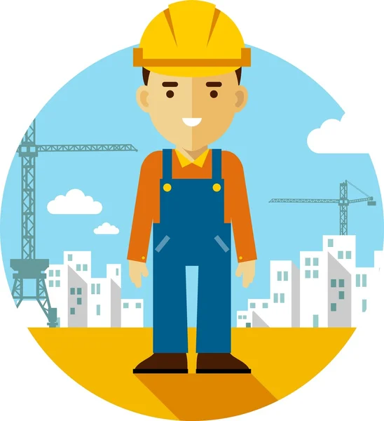Builder on construction background in flat style — Stock Vector