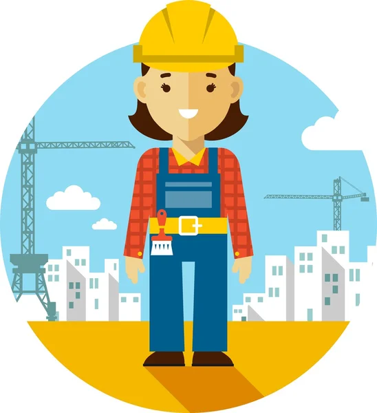 Femme constructeur sur fond de construction dans le style plat — Image vectorielle