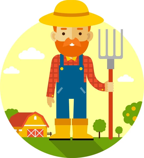 Agricultor en el fondo de la granja en estilo plano — Vector de stock