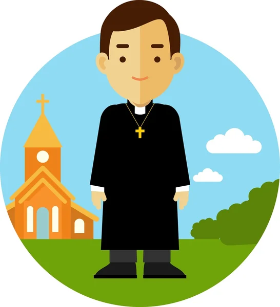 Ksiądz katolicki na tle kościoła w stylu płaski — Wektor stockowy