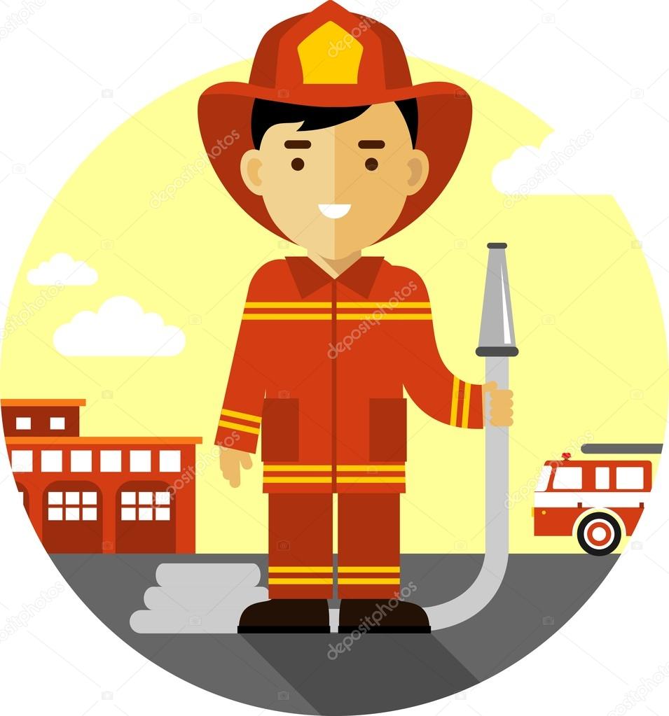 Firefighter in uniform on background with fire truck and fire station