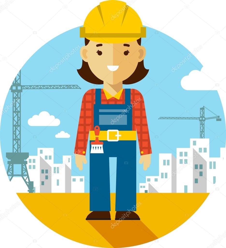 Woman builder on construction background in flat style