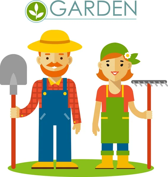 Conjunto de agricultor jardinero hombre y mujer en estilo plano — Vector de stock