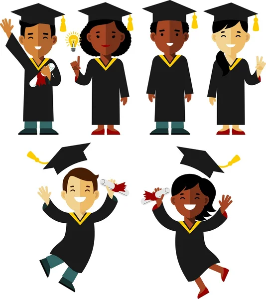 Diferentes graduados étnicos carácter conjunto en estilo plano — Vector de stock