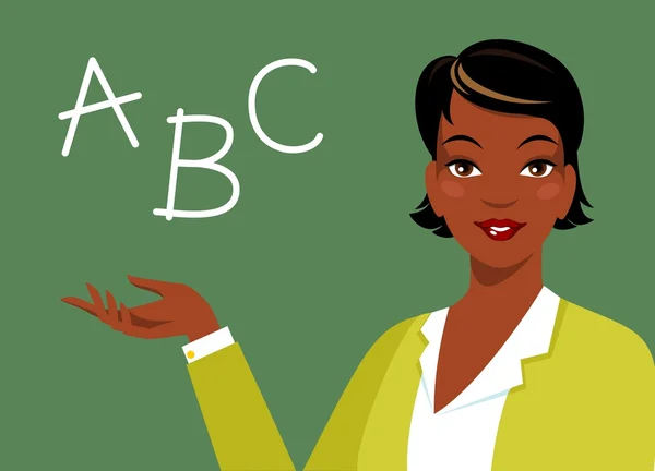 Vacker amerikansk etniska kvinna lärare nära blackboard — Stock vektor