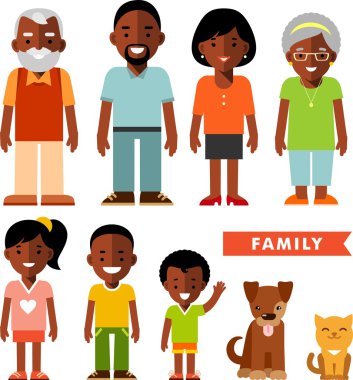 Düz stil Afro-Amerikan etnik aile üyeleri kümesi