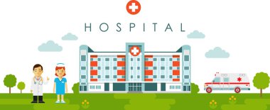 Hastane Binası ve düz stil doktor ile sağlık kavramı