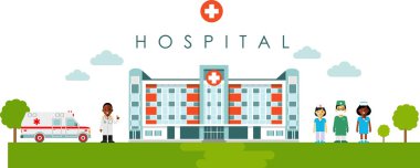 Hastane Binası ve düz stil Afrikalı-Amerikalı doktor ile sağlık kavramı
