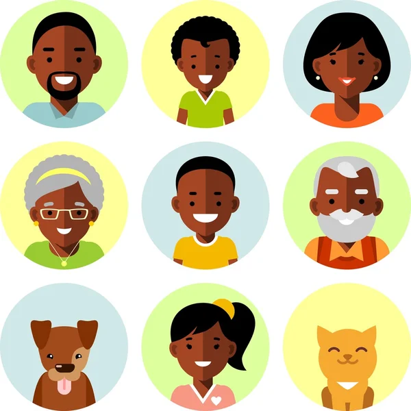 Conjunto de família Africano membros étnicos americanos avatares ícones em estilo plano —  Vetores de Stock