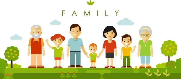 Conjunto de siete miembros de la familia posando juntos en estilo plano — Vector de stock