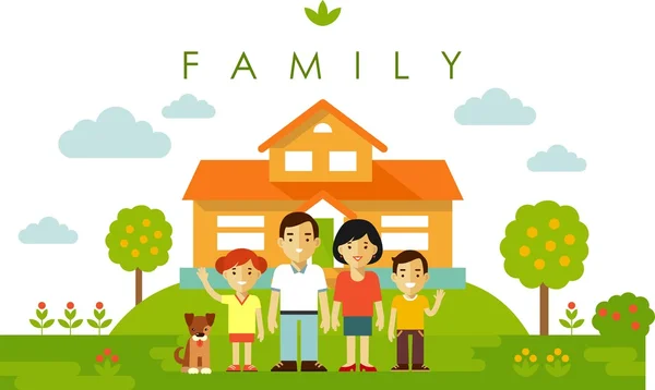 Ensemble de quatre membres de la famille posant ensemble dans un style plat — Image vectorielle