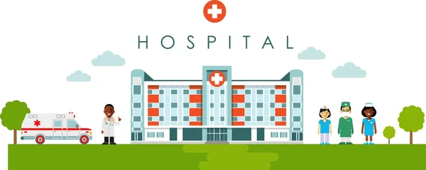 Hastane Binası ve düz stil Afrikalı-Amerikalı doktor ile sağlık kavramı