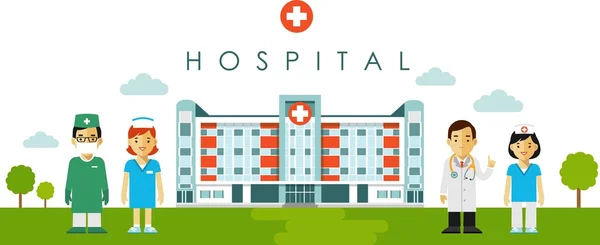 Concepto médico con edificio hospitalario y médico de estilo plano — Vector de stock