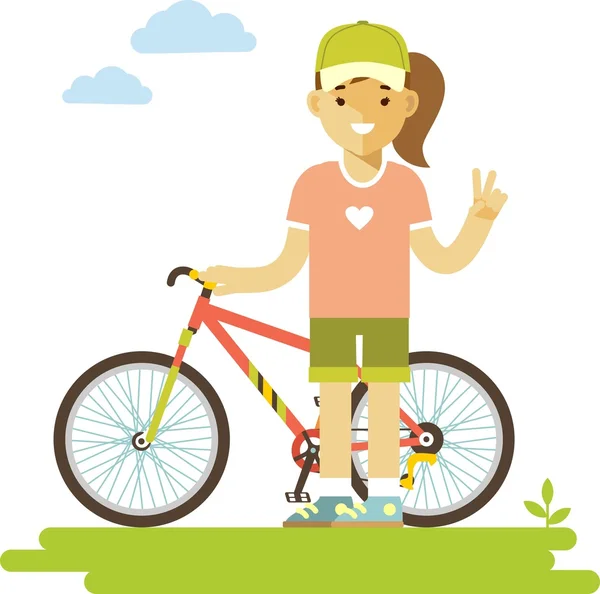 Young bicycle rider woman with bike in flat style — Stock Vector