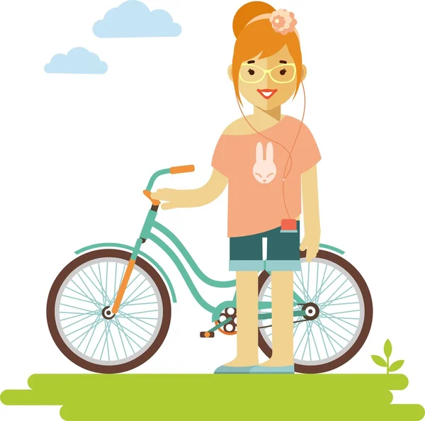 Giovane ciclista hipster donna con bici in stile piatto — Vettoriale Stock