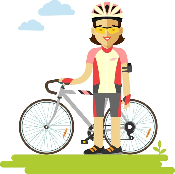 Joven ciclista de carreras mujer con bicicleta en estilo plano — Vector de stock