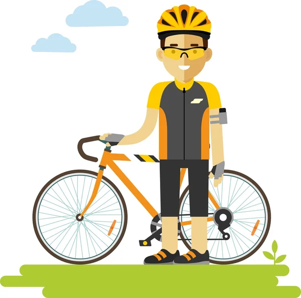 Young racing cyclist man with bike in flat style — Stock Vector
