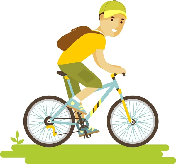 Young bicycle rider man with bike in flat style — Stock Vector