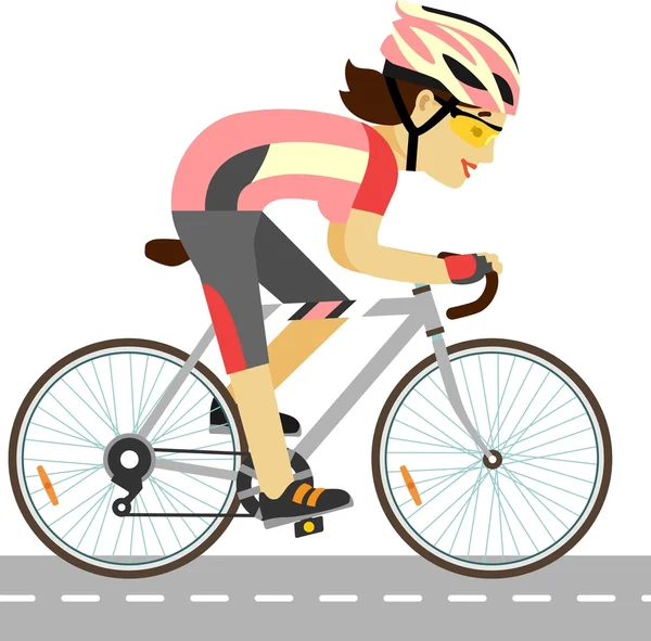 Joven ciclista de carreras mujer con bicicleta en estilo plano — Vector de stock