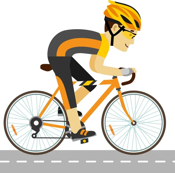 Jeune cycliste de course homme avec vélo dans le style plat — Image vectorielle
