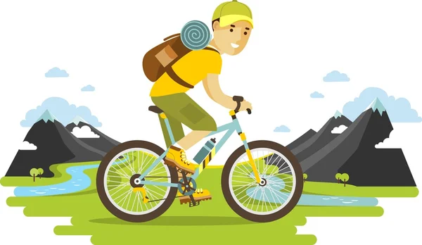 Young bicyclist man riding a bike on mountain background — Stock Vector