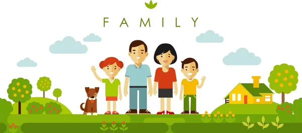 Conjunto de cuatro miembros de la familia posando juntos en estilo plano Vector de stock