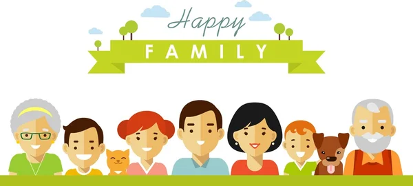 Набір з семи щасливих членів сім'ї в плоскому стилі Ліцензійні Стокові Ілюстрації
