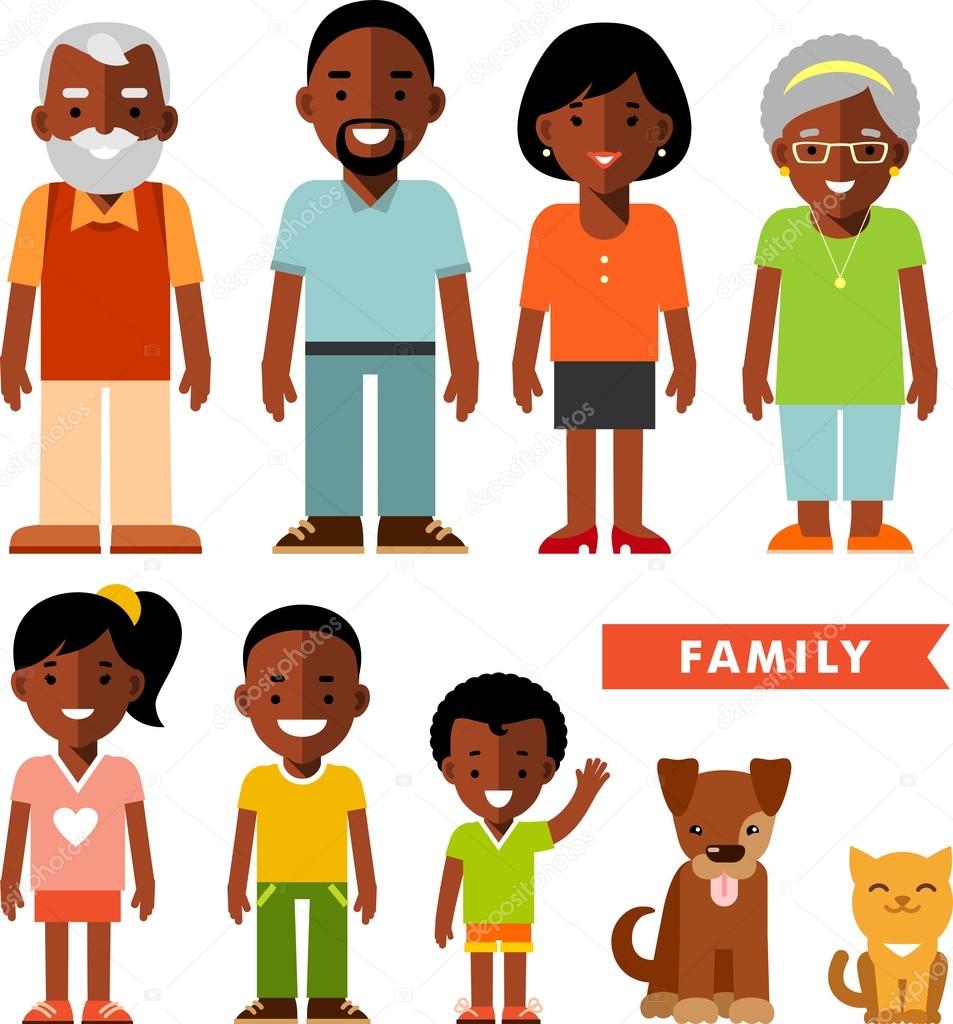 Set of african american ethnic family members in flat style